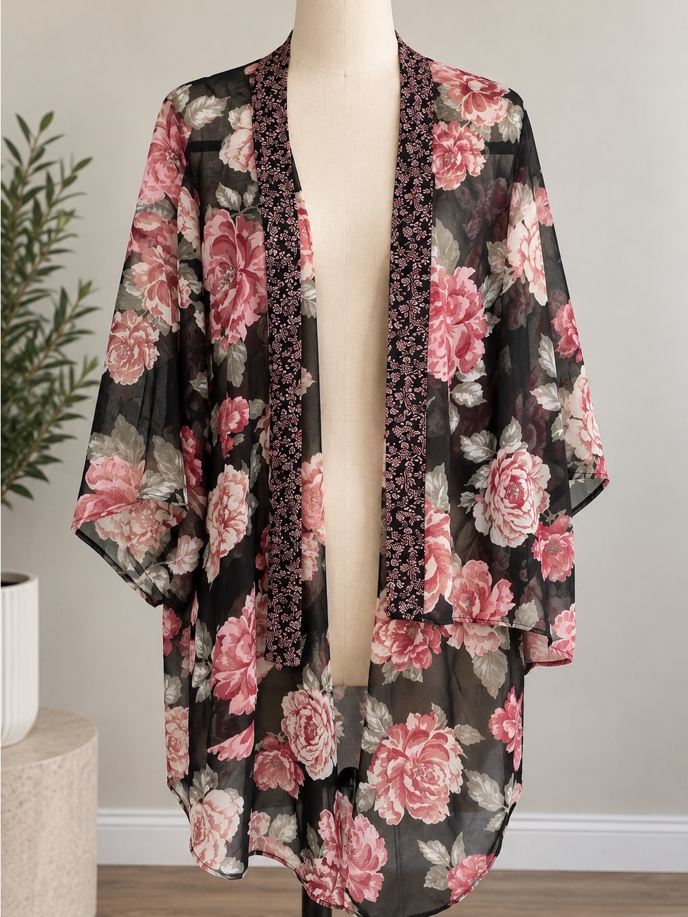 Xhilaration Sheer Black Floral Kimono Cardigan XS/S